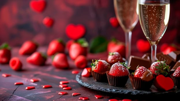 Champagne and strawberries for Valentine's Day. Selective focus. Drink.