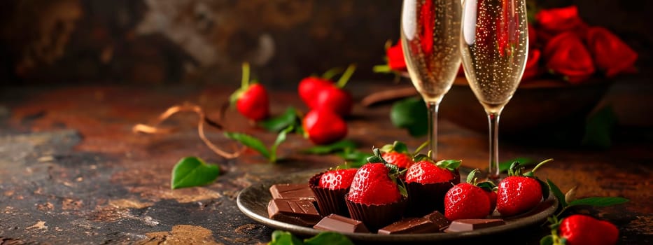 Champagne and strawberries for Valentine's Day. Selective focus. Drink.
