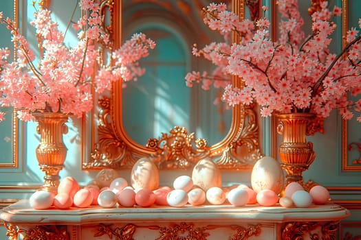 On the cabinet stand vases full of freshly cut spring flowers in pink. Between the vases lie many different Easter eggs. In the background, on the wall, hangs a mirror in a golden frame.