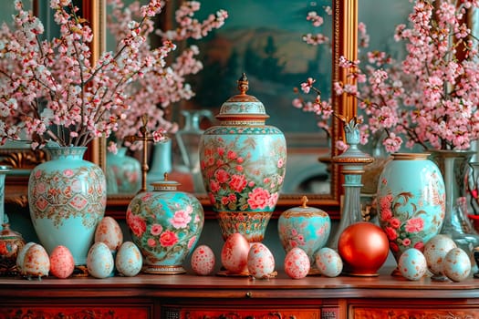 Easter ornaments stand on the dresser. Mottled eggs stand between porcelain vases in shades of blue. In the vases are bouquets of cut flowers.