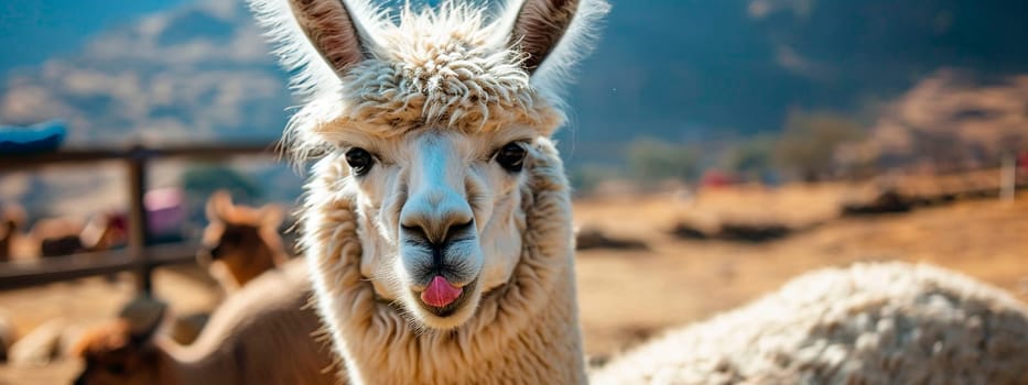 Portrait of an alpaca on a farm. Selective focus. Nature.