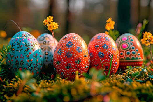 Easter eggs hidden outside among the moss. The traditional search for Easter eggs during Easter celebrations.