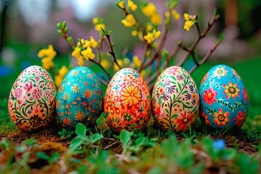Spring graphics with Easter elements. Easter eggs lined up in an even row stand on the grass. In the background, small yellow flowers can be seen growing.