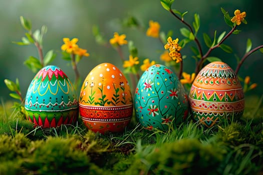 Easter eggs decorated with hand-painted intricate and precise designs. Spring graphics with Easter elements. Small yellow flowers grow around them.