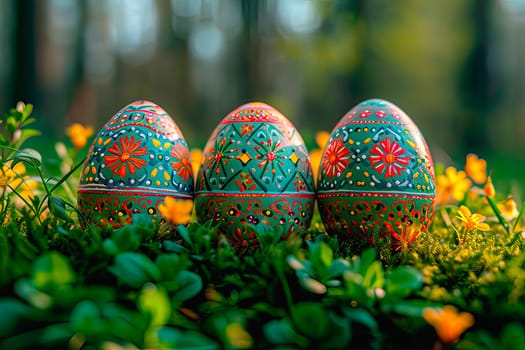 Easter eggs decorated with hand-painted designs. The eggs stand on the grass. Close-up of the Easter eggs standing outside surrounded by greenery.