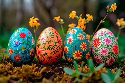 Spring graphics with Easter elements. Easter eggs lined up in an even row stand on the grass. Small yellow flowers grow around them.