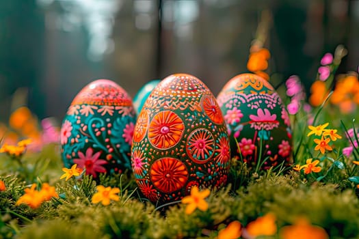 Small yellow flowers grow in the meadow. A close-up of the Easter eggs standing on the grass. The Easter eggs are decorated with paints in blue, yellow and green.