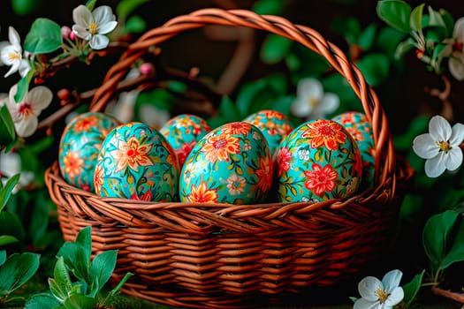 A wicker basket stands in the forest under a tree. In the basket are Easter eggs. The eggs are painted with paint in patterns. Around the basket you can see grass and decilate small flowers.