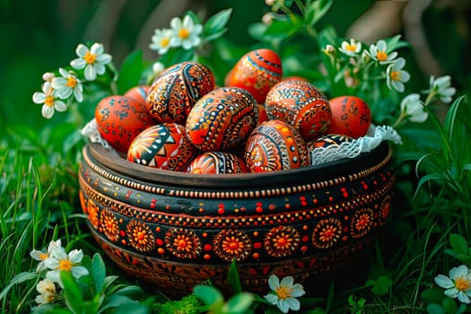 A large clay bowl with handicraft patterns stands on the lawn. It is filled with Easter eggs, which are decorated in an original way.