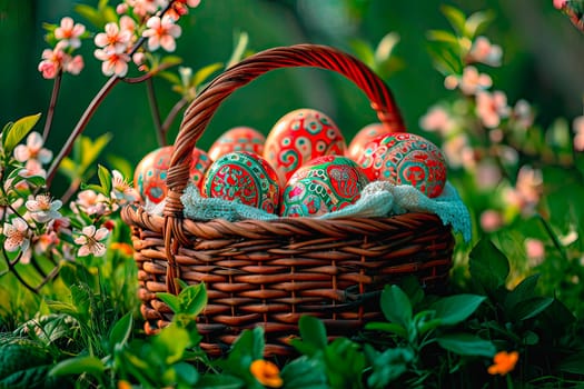 The wicker basket stands outside on the lawn. Flowers grow around the basket. The basket is filled with Easter eggs in expressive patterns in shades of orange.