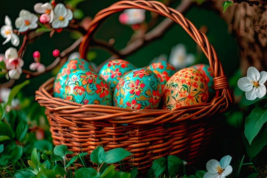 A wicker basket stands in the forest under a tree. In the basket are Easter eggs. The eggs are painted with paint in patterns. Around the basket you can see grass and decilate small flowers.