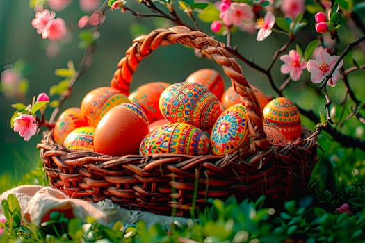 Wicker basket standing in a meadow. Colourful Easter eggs lie in a basket that stands on the grass. Twigs with pink spring flowers can be seen all around.