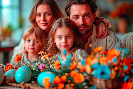 A married couple with two children pose for a photo. The blurred shapes of the Easter decorations can be seen in the foreground. There are wicker baskets with flowers and Easter eggs in blue and orange.