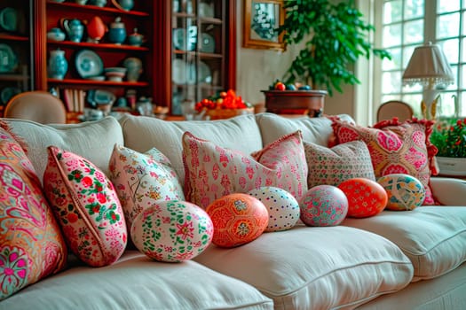 Patterned cushions are arranged on the light soft sofa. Next to the cushions lie large, decorative Easter eggs. In the background you can see the blurred interior of the room. Furniture, a lamp and a potted plant stand there.