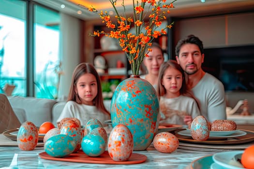 There is an Easter set on the table. The Easter eggs are painted in the same pattern as the vase of flowers standing next to it. in the background you can see a family sitting at the table.