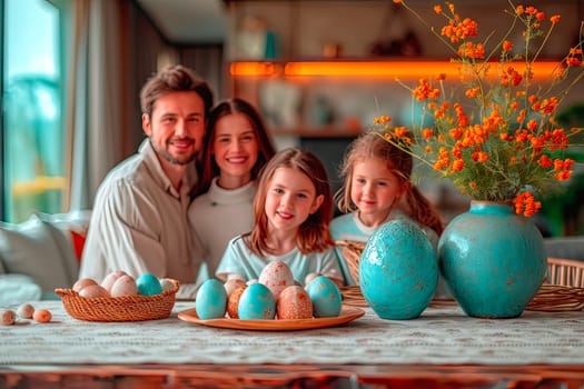 The happy family sits together at the table, on which lie the prepared Easter eggs. Next to the Easter eggs stands a large blue vase containing a bouquet of small orange flowers.