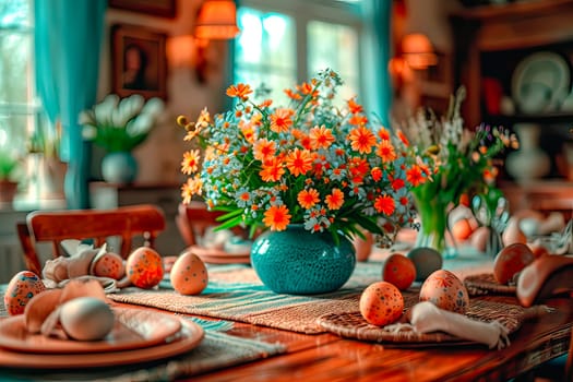 Colourful Easter eggs lie on a table. In the middle stands a blue vase with tiny orange flowers. In the background you can see the blurred interiors of the living room.
