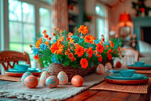 Close-up of a bouquet of spring flowers standing on a table. Next to the bouquet lie motley coloured Easter eggs and blue dishes. A blurred window can be seen in the background.