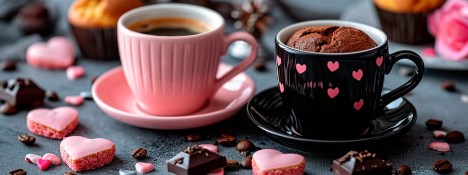 Pink and black cup of coffee with hearts on the table for Valentine's Day. Selective focus. Drink.