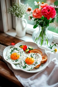 Scrambled eggs for breakfast on Valentine's Day. Selective focus. Food.