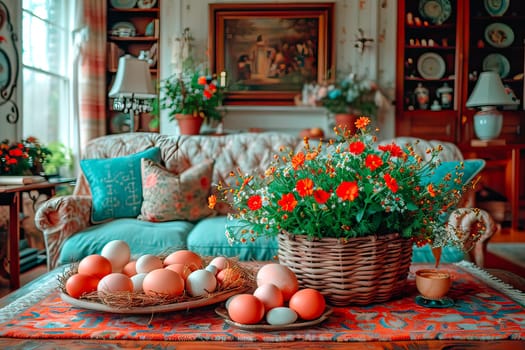 In the foreground you can see a table with orange flowers in a basket and lots of chicken eggs on plates. In the background is a sofa with cushions and furniture and paintings on the walls.