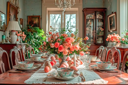 On the table is a large bouquet of pink roses in a vase. The table has place settings for several people. There are colourful Easter eggs lying around the dishes.