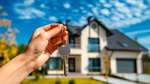 key in hands against the background of houses. Selective focus. home.