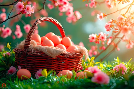 On the grass, among the pink flowers, stands a wicker basket. The basket is filled with chicken eggs. The branches of a flowering tree can be seen all around.