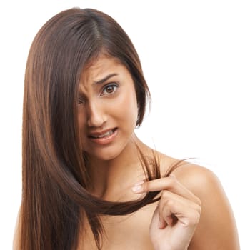 Hair, woman and portrait with stress in studio for shampoo texture, treatment damage and keratin hairloss. Split end, model and face or frustrated with haircut and hairstyle on white background.
