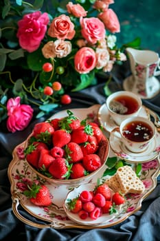 Beautiful breakfast with flowers for Valentine's Day. Selective focus. Food.