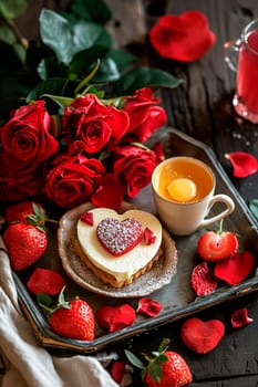 Beautiful breakfast with flowers for Valentine's Day. Selective focus. Food.