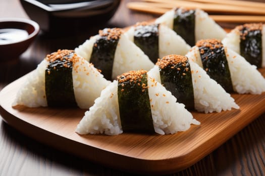 Japanese Onigiri, traditional japanese food, copy space. ai generated