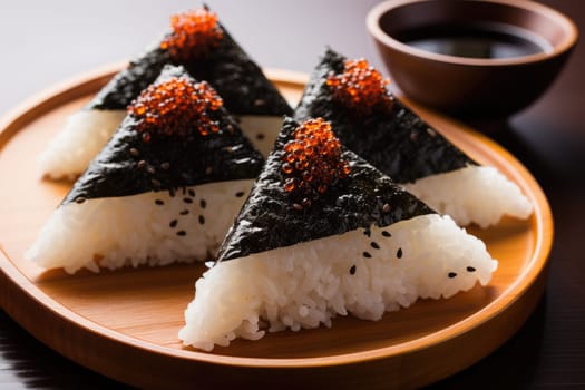 Japanese Onigiri, traditional japanese food, copy space. ai generated