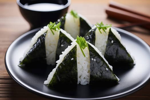 Japanese Onigiri, traditional japanese food, copy space. ai generated