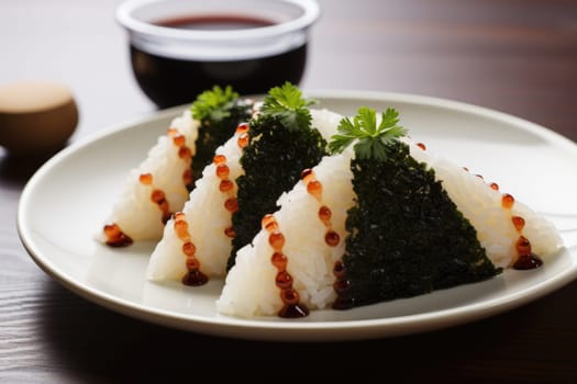Japanese Onigiri, traditional japanese food, copy space. ai generated