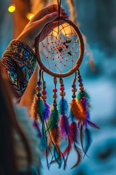 A woman makes a dream catcher. Selective focus. Hand.