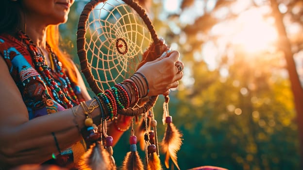 A woman makes a dream catcher. Selective focus. Hand.