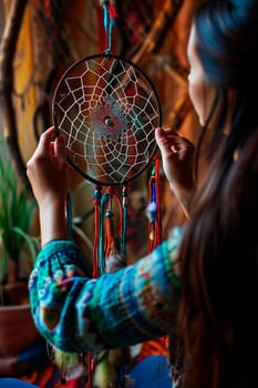 A woman makes a dream catcher. Selective focus. Hand.