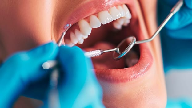 The dentist looks at the patient's teeth. Selective focus. People.