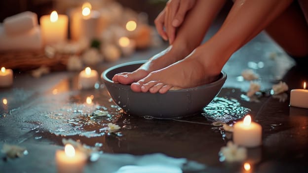 Feet foot bath in spa salon. Selective focus. Nature.