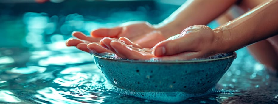 Woman's hands taking hand bath in spa salon. Selective focus. Nature.