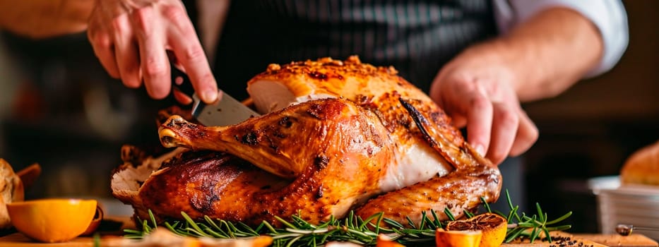 Cutting turkey with a knife on the table. Selective focus. Food.