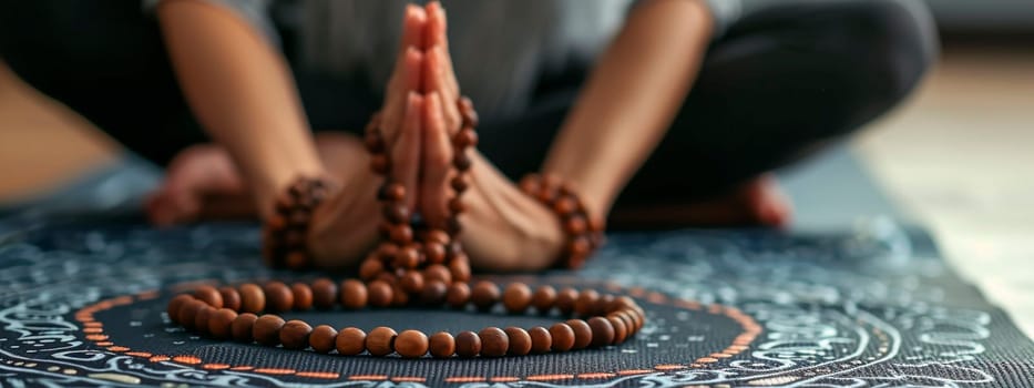 Yoga Buddhist woman with rosary in hands. Selective focus. People.