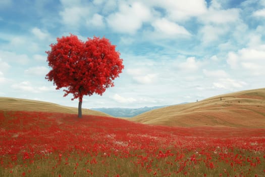 red tree of love in red flower field pragma