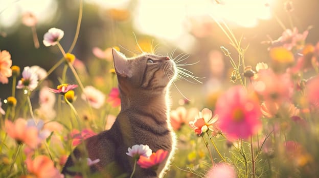 cat in a flower field. Selective focus. animal.