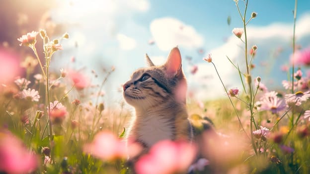 cat in a flower field. Selective focus. animal.