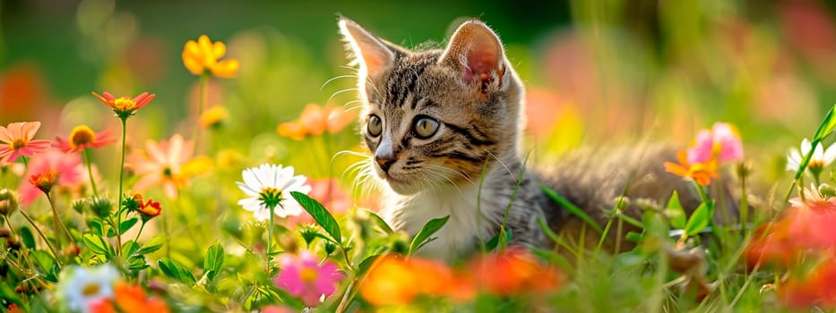 cat in a flower field. Selective focus. animal.