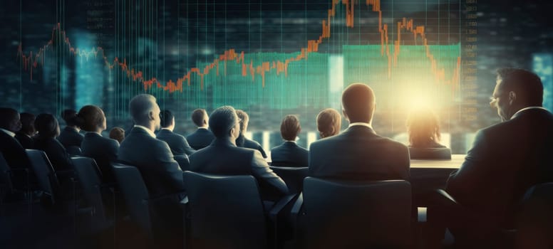 Group of business professionals intently analyzing financial data on a digital screen in a corporate setting.