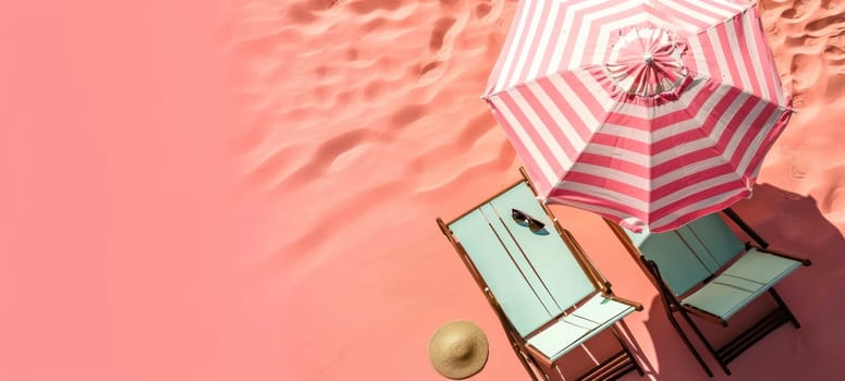 Two beach chairs under a pink and white striped umbrella on a sandy beach, embodying leisure and summer vibes.