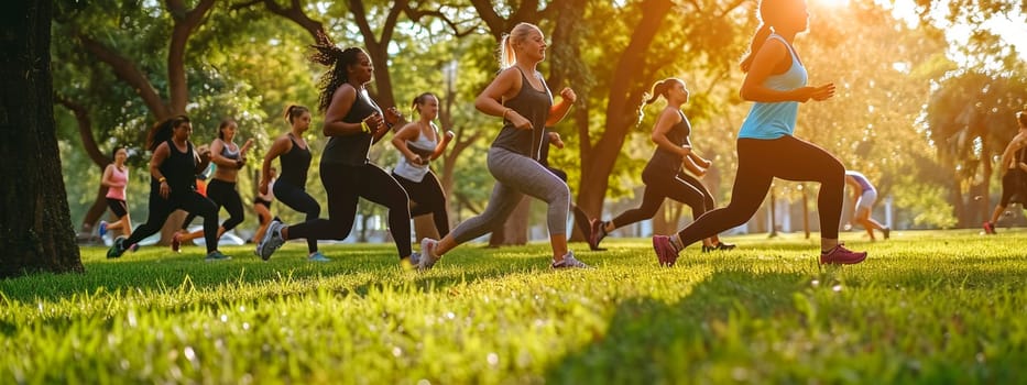 People doing fitness in the park. Selective focus. Nature.